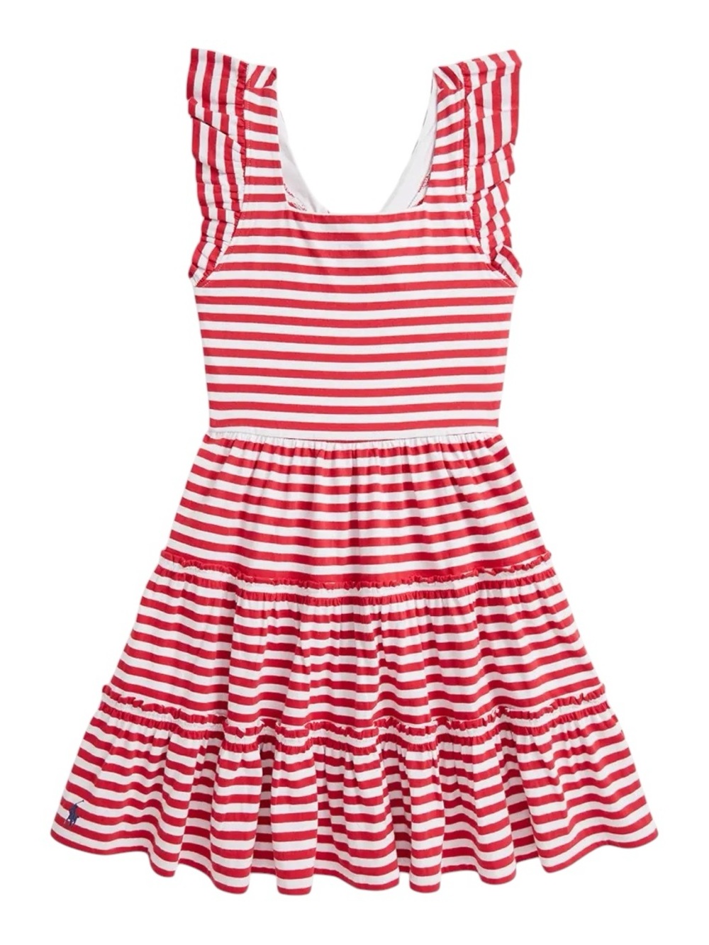 Polo by Ralph Lauren Girls Red & White Striped Ruffle Strap Tiered Dress Size L